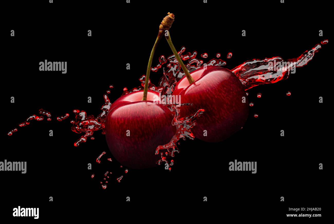red cherries in red juice splash on a black background. Stock Photo
