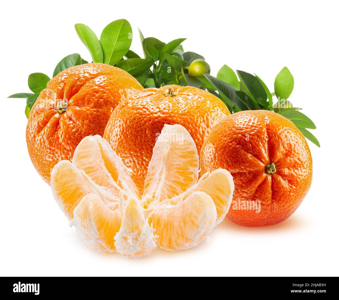 group of tangerine with green leaves isolated on a white background. Stock Photo