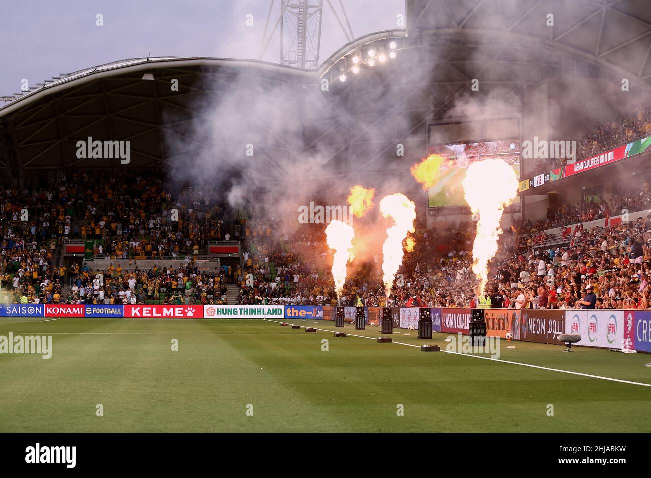 Melbourne, Australia, 27 January, 2022. Fireworks are set off as the players walk onto the field during the World Cup Qualifier football match between Australia Socceroos and Vietnam on January 27, 2022 at AAMI Park in Melbourne, Australia. Credit: Dave Hewison/Speed Media/Alamy Live News Stock Photo