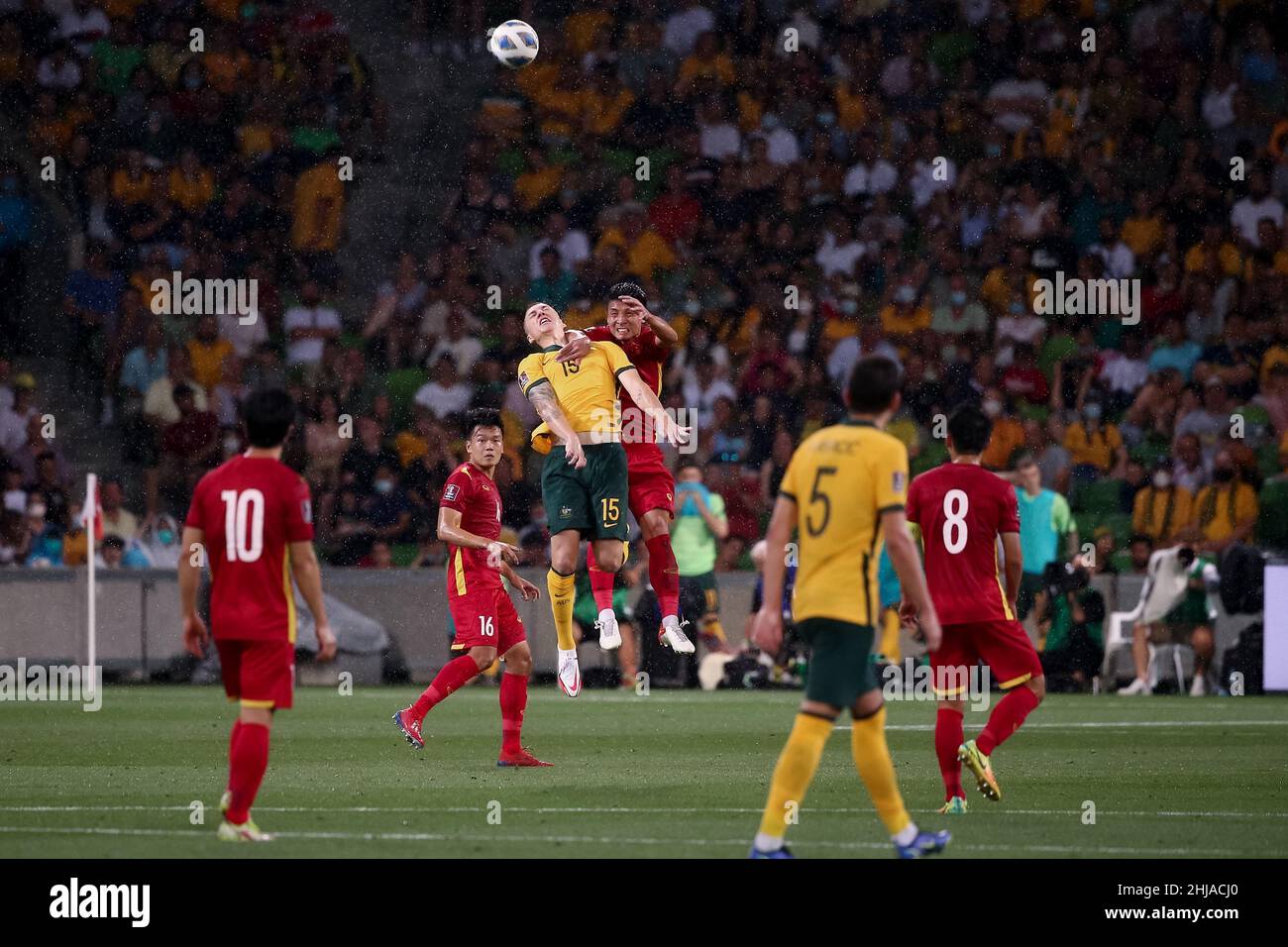 Melbourne, Australia, 27 January, 2022. Mitchell Duke of the Australian Socceroos heads the ball during the World Cup Qualifier football match between Australia Socceroos and Vietnam on January 27, 2022 at AAMI Park in Melbourne, Australia. Credit: Dave Hewison/Speed Media/Alamy Live News Stock Photo