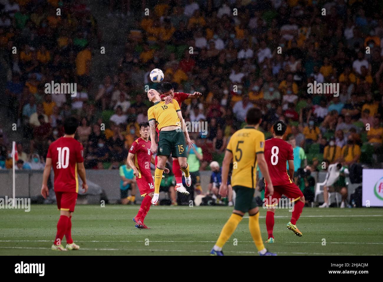 Melbourne, Australia, 27 January, 2022. Mitchell Duke of the Australian Socceroos heads the ball during the World Cup Qualifier football match between Australia Socceroos and Vietnam on January 27, 2022 at AAMI Park in Melbourne, Australia. Credit: Dave Hewison/Speed Media/Alamy Live News Stock Photo