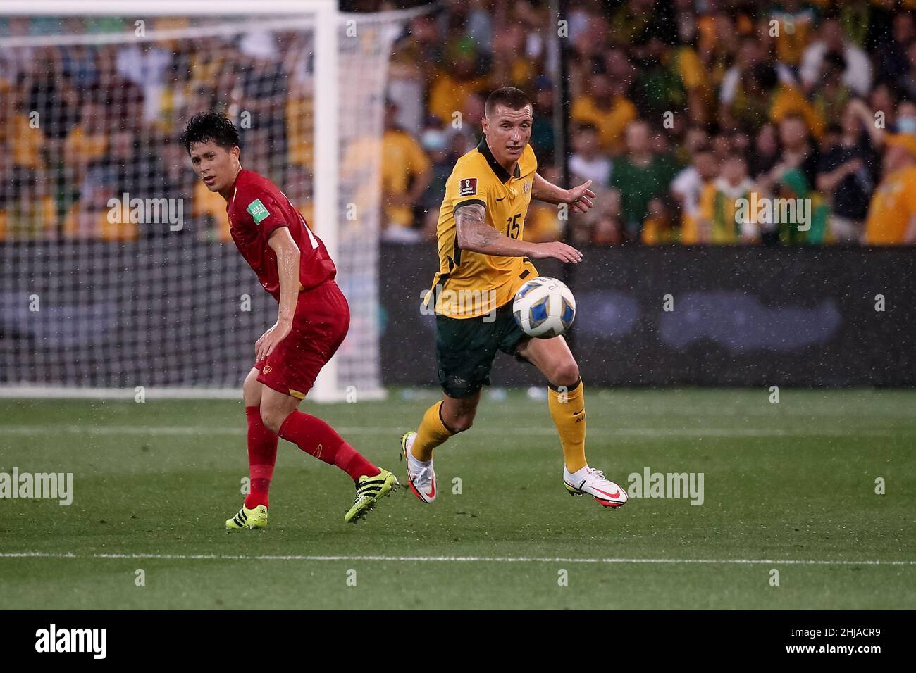 Melbourne, Australia, 27 January, 2022. Mitchell Duke of the Australian Socceroos controls the ball during the World Cup Qualifier football match between Australia Socceroos and Vietnam on January 27, 2022 at AAMI Park in Melbourne, Australia. Credit: Dave Hewison/Speed Media/Alamy Live News Stock Photo