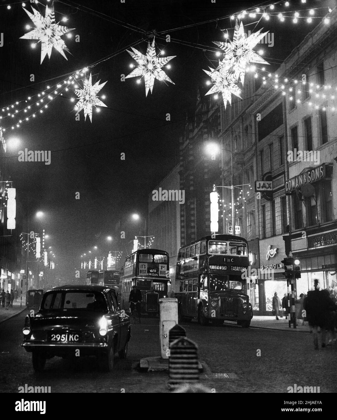 Lord Street, christmas lights stretch away uphill from the junction