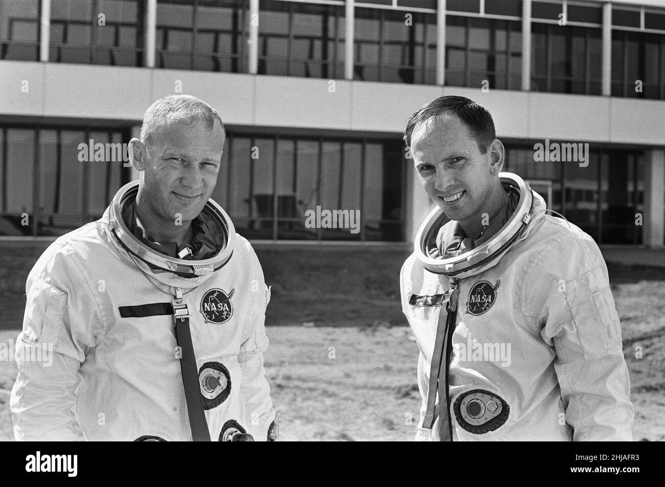 Astronauts Edwin Eugene Buzz Aldrin (Left) and Theodore Cordy Ted Freeman (Right) seen here at the Johnson Space Centre in Houston, Texas. Where they were training for the Gemini space program. 30th October 1964Astronaut Ted Freeman sadly died in an aircraft accident the day after this image was captured Stock Photo