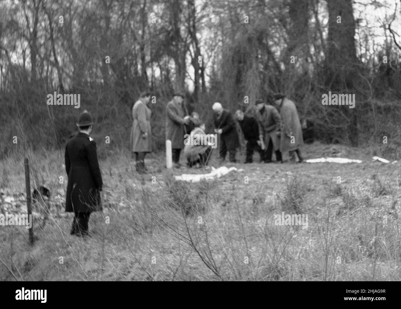 Kim Roberts murder. Purfleet. 5th March 1964. Supt. McCafferty of the Forensic Dept., Scotland Yard (white hair) and on his right examining the ground , Chief Supt. Axon of Scotland Yard at the place where her body was  found. Stock Photo