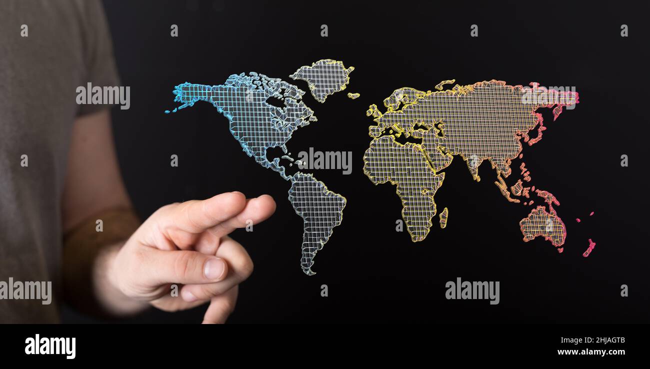 Person presenting a 3D render of the world map Stock Photo - Alamy