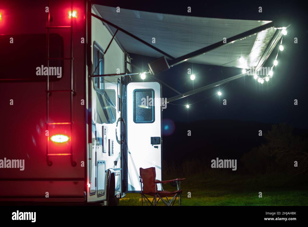 RV Park Motorhome Campsite. Class C Recreational Vehicle Decorated with