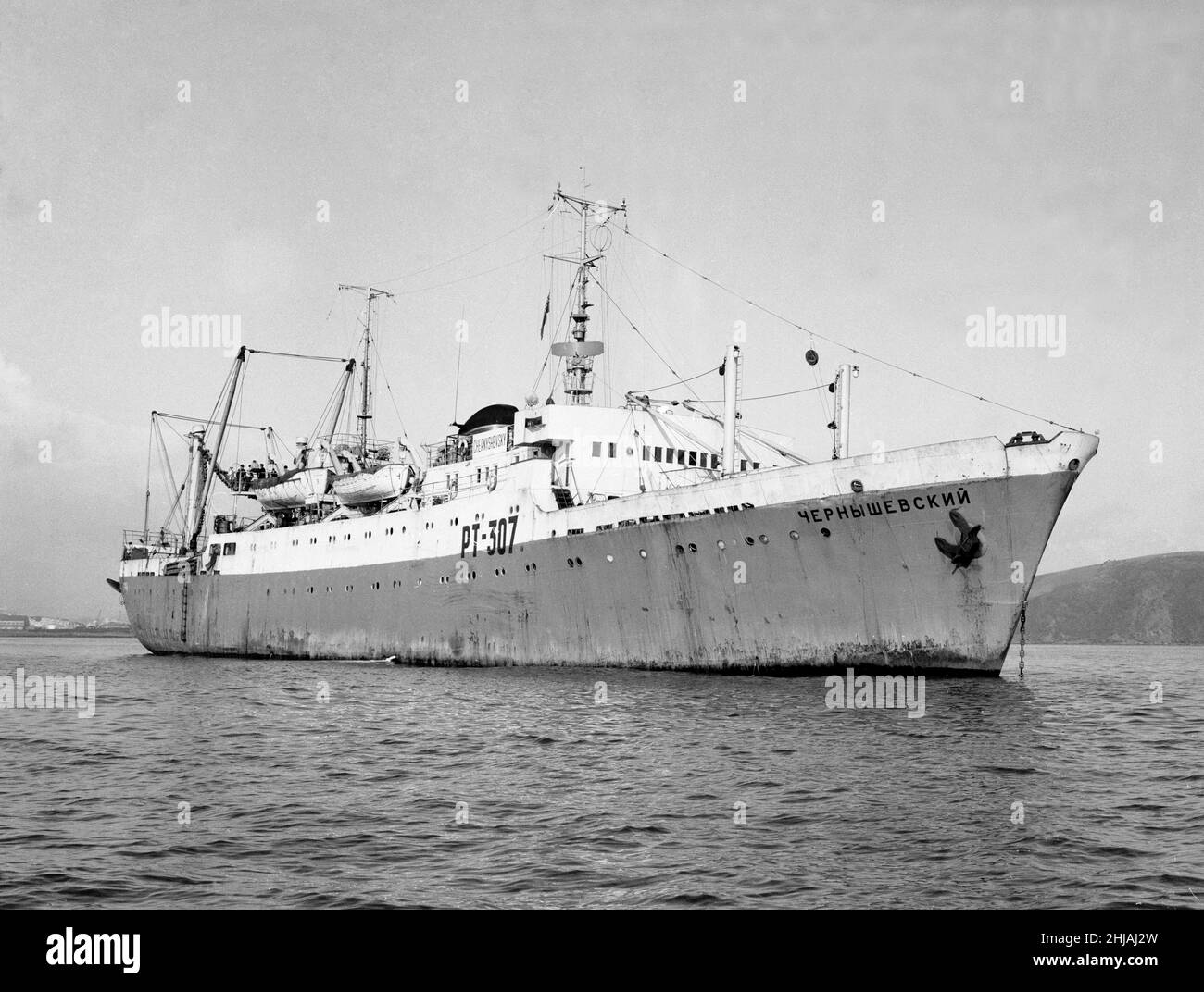 The Russian fishery ship 'Chernyshevsky' lying at anchor in Plymouth Sound after being 'arrested' by British authorities. 18th April 1963. Stock Photo