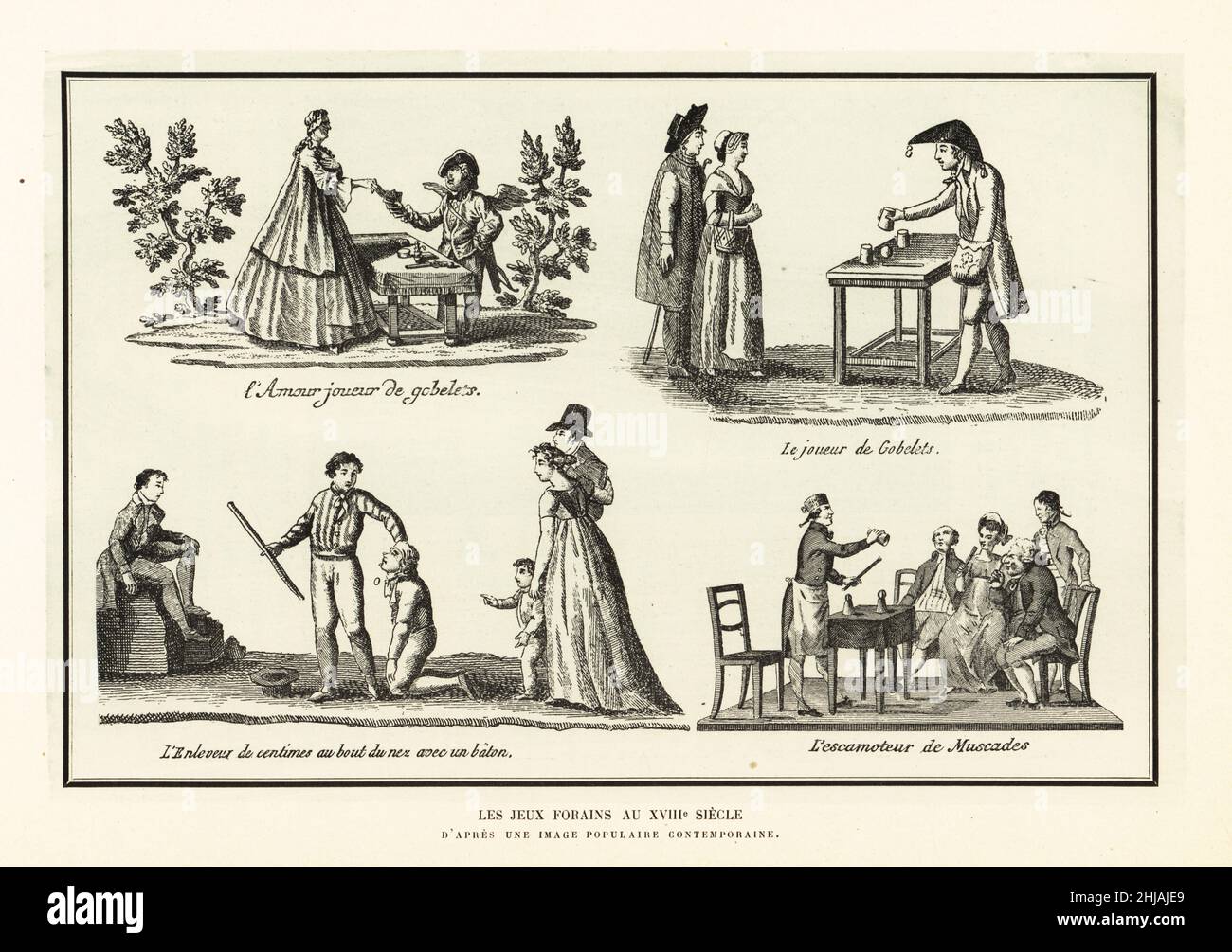 Street entertainers and their games, 18th century. Conjurers, magicians, and illusionists performing cups and balls and other sleight of hand. After a popular contemporary print. Les jeux forains au XVIIIe siecle. Lithograph from Henry Rene d’Allemagne’s Recreations et Passe-Temps, Games and Pastimes, Hachette, Paris, 1906. Stock Photo