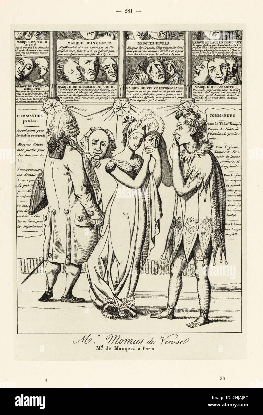 Customers trying on masks for a festival or masquerade ball, 18th century. Masks for an ingenue, modest actor, inconsolable widow, parasite, etc. Orders from the Theatre Francais, Feydeau, Opera, Odeon. Flyer for the Paris shop of mask-seller Mr Momus of Venice, published by Auger. M. Momus de Venise. Marchand de Masques a Paris. Lithograph from Henry Rene d’Allemagne’s Recreations et Passe-Temps, Games and Pastimes, Hachette, Paris, 1906. Stock Photo