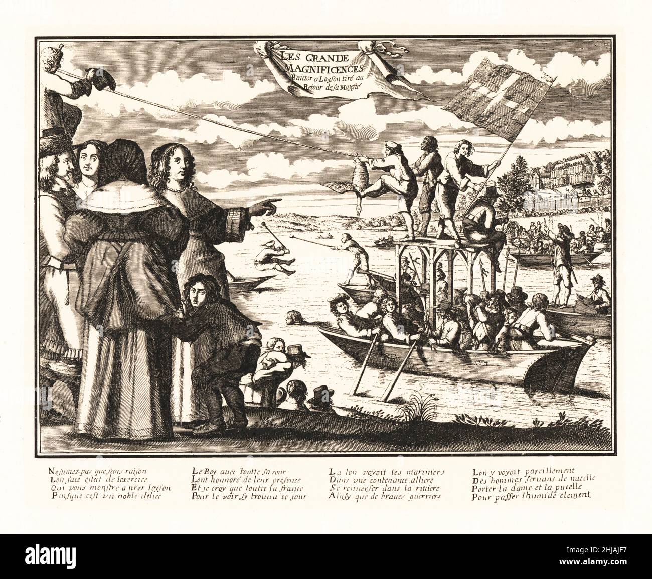 Water games on the Seine for a royal festival, 1660. Part of the Grand Magnificences to celebrate the return of King Louis XIV and Maria Teresa, Infanta of Spain, to Paris. Sailors on rowboats joust with poles while a group of men on a boat with an elevated platform try to grab a goose hanging from a rope. La joute sur l'eau et le jeu de l'oyson. Lithograph from Henry Rene d’Allemagne’s Recreations et Passe-Temps, Games and Pastimes, Hachette, Paris, 1906. Stock Photo