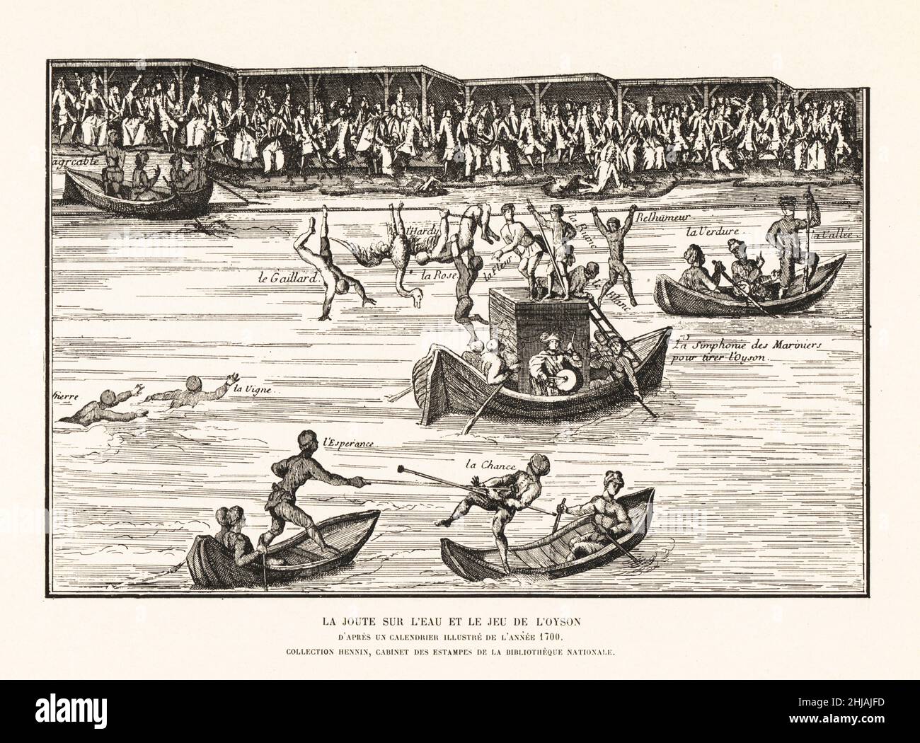 Water games for the Dauphin and his courtiers at a festival on the River Seine, 25 August 1682. Sailors on rowboats joust with poles while a group of men try to grab a goose hanging from a rope. From an illustrated calendar printed in 1700. La joute sur l'eau et le jeu de l'oyson. Lithograph from Henry Rene d’Allemagne’s Recreations et Passe-Temps, Games and Pastimes, Hachette, Paris, 1906. Stock Photo