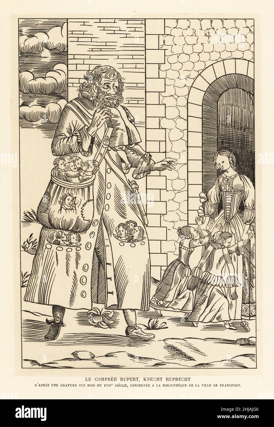 Knecht Ruprecht, or Hans Ruprecht, manservant to Saint Nicholas in German folklore and figure in a Nuremberg Christmas procession. The pockets of his long coat are filled with children. He appears in Le Compree Rupert, Knecht Ruprecht. Apres une gravure sur bois du XVIIe siecle. Lithograph after a 17th-century woodcut from Henry Rene d’Allemagne’s Recreations et Passe-Temps, Games and Pastimes, Hachette, Paris, 1906. Stock Photo