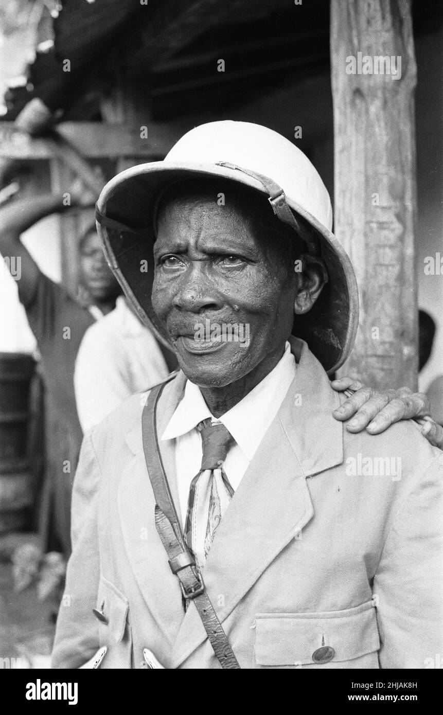 Colonel Walter James Robertson, the elderly Jamaican Maroon Chief in full uniform outside his house in St Elizabeth. The Maroons are descendants of escaped slaves who established free communities in the mountainous interior of Jamaica during the era of slavery. 15th August 1962 Stock Photo