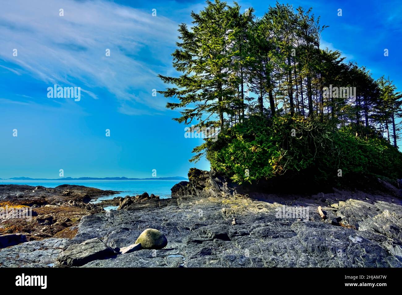 A landscape image of the rugged west coast of Vancouver Island looking outward toward the Pacific Ocean. Stock Photo