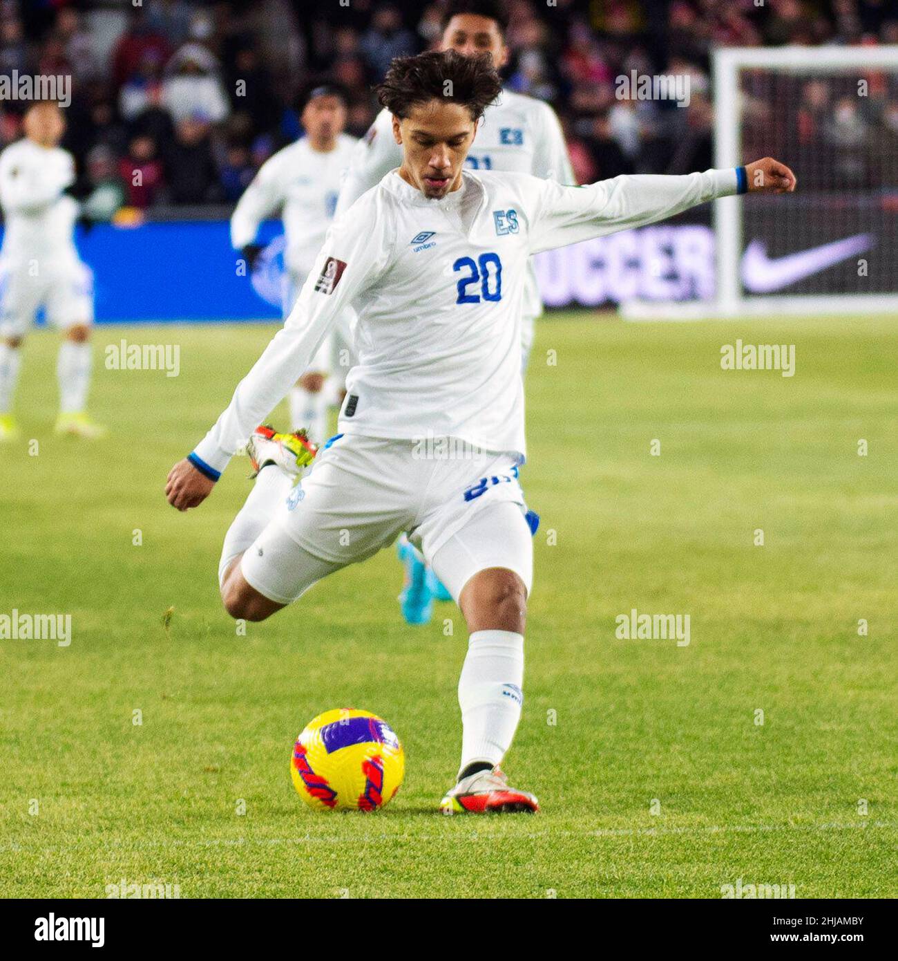 Columbus, Ohio, USA. 27th Jan, 2022. El Salvador midfielder Enrico Hernandez (20) takes a shot on net in ther match in in Columbus, Ohio, USA. Credit: Brent Clark/Alamy Live News Stock Photo