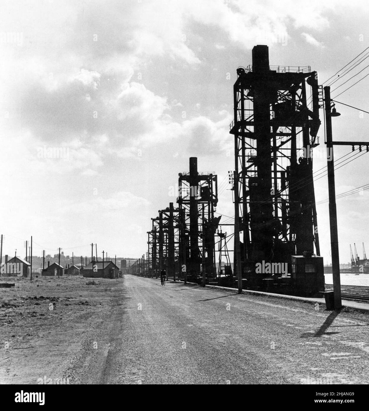 Idle coal hoists at Cardiff Docks. 15th April 1963. Stock Photo