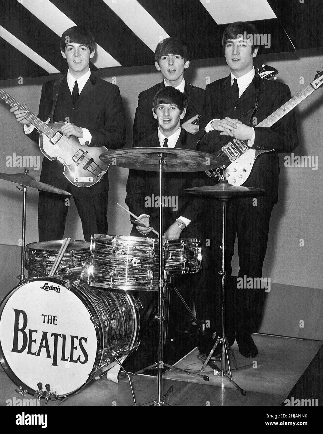 The Beatles 14th December 1963, Paul McCartney, Ringo Starr, George Harrison, John Lennon at Alpha Television Studios, Aston, Birmingham. Stock Photo