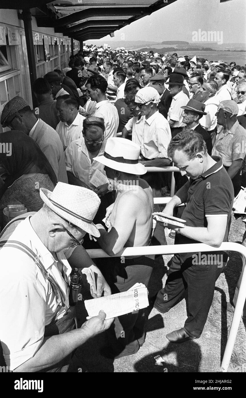 Glorious Goodwood 1963Racegoers on The Trundle, the Iron Age hill fort which is used as an informal grandstand. Seen here with improvised sun hat while studying the form whilst queuing to place their bets. 30th July 1963 Stock Photo