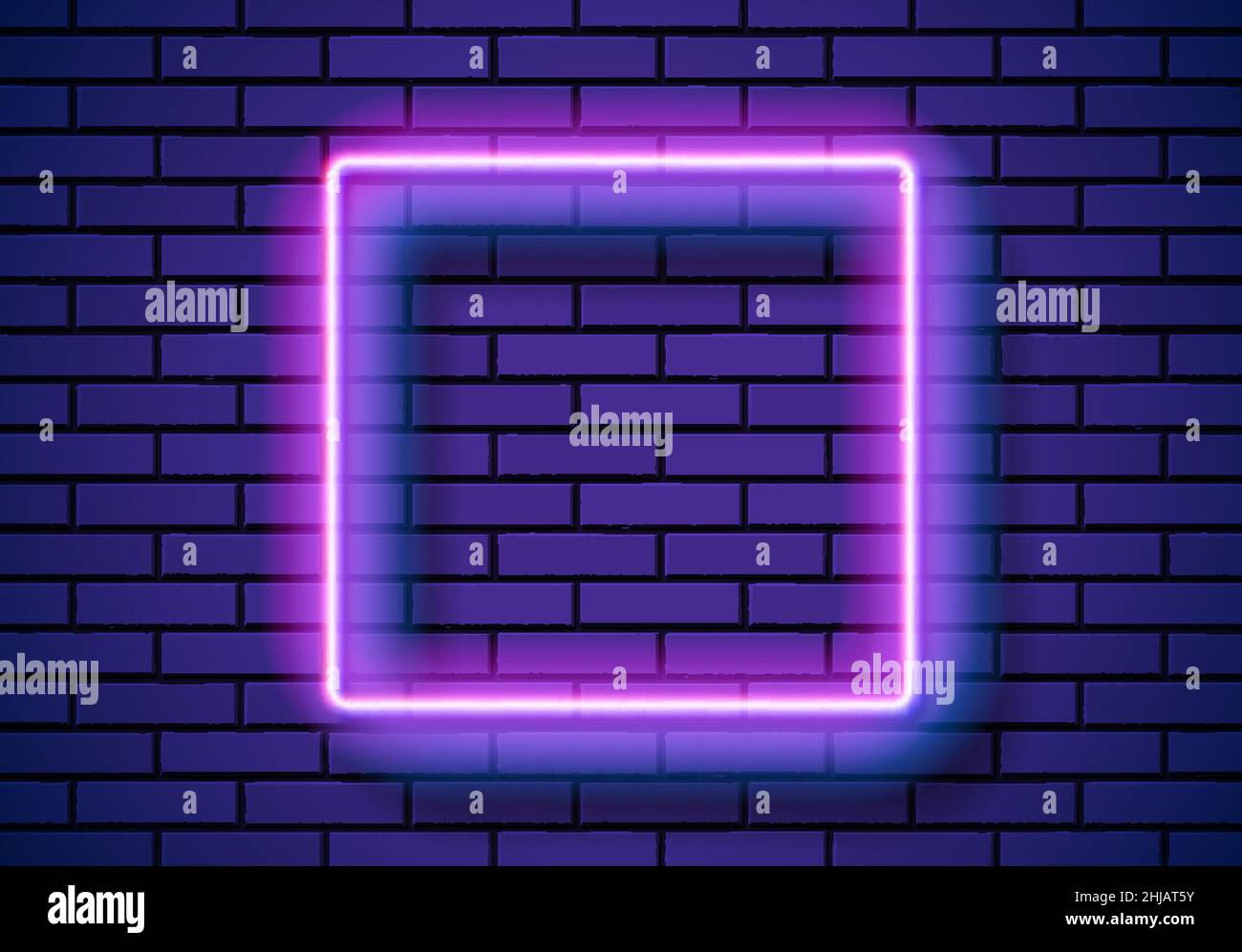 Neon frame with square shape on the blue brick wall. Classic ...