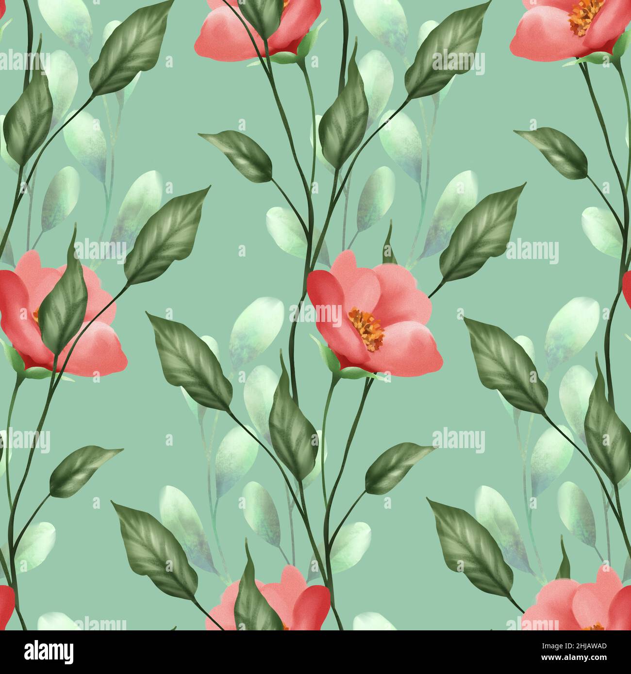 Seamless floral pattern with red flowers and green leaves Stock Photo ...