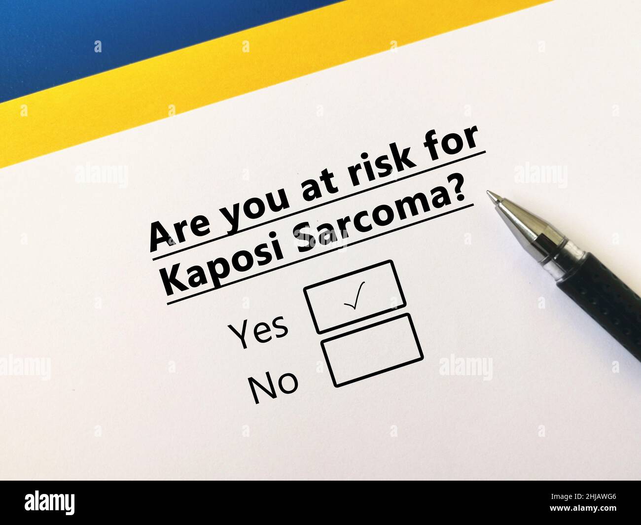One person is answering question about cancer risk. He is at risk for Kaposi sarcoma. Stock Photo