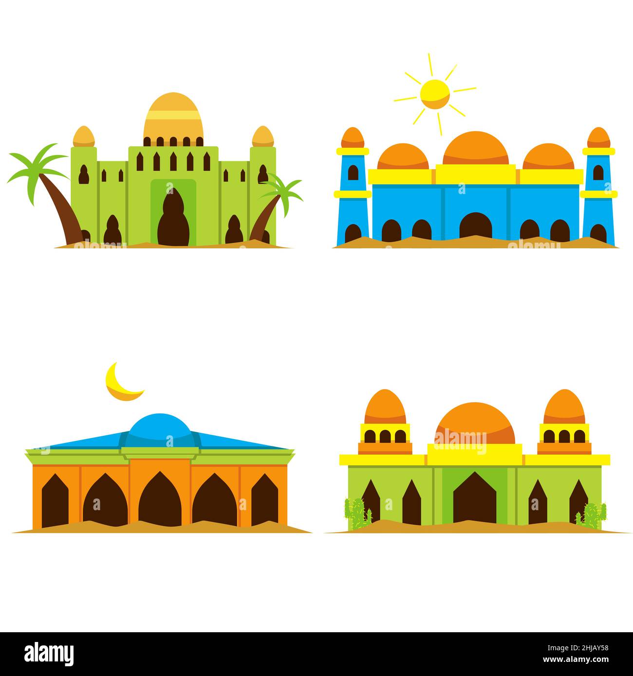 a set of vector illustrations of a mosque in the desert with different shapes and colors Stock Vector