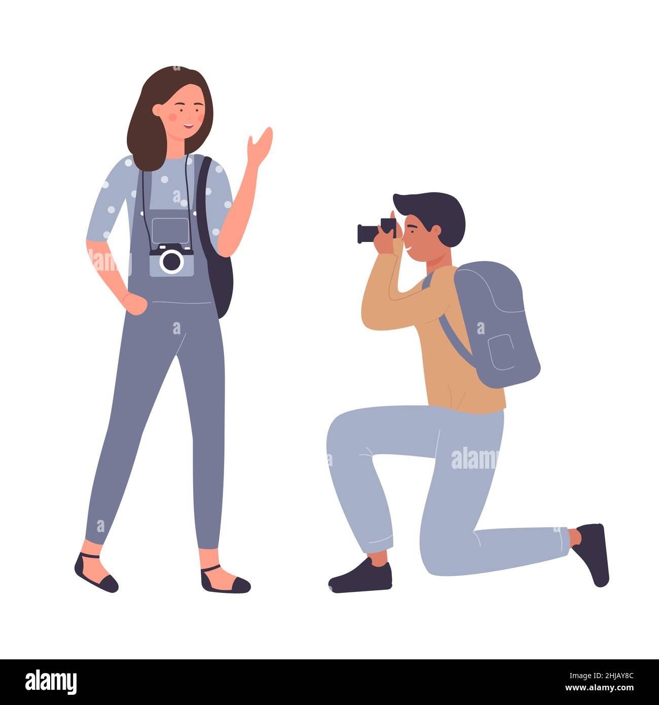 Boy with backpack photographing smiling girl. Professional tourist photoshoot process cartoon vector illustration Stock Vector