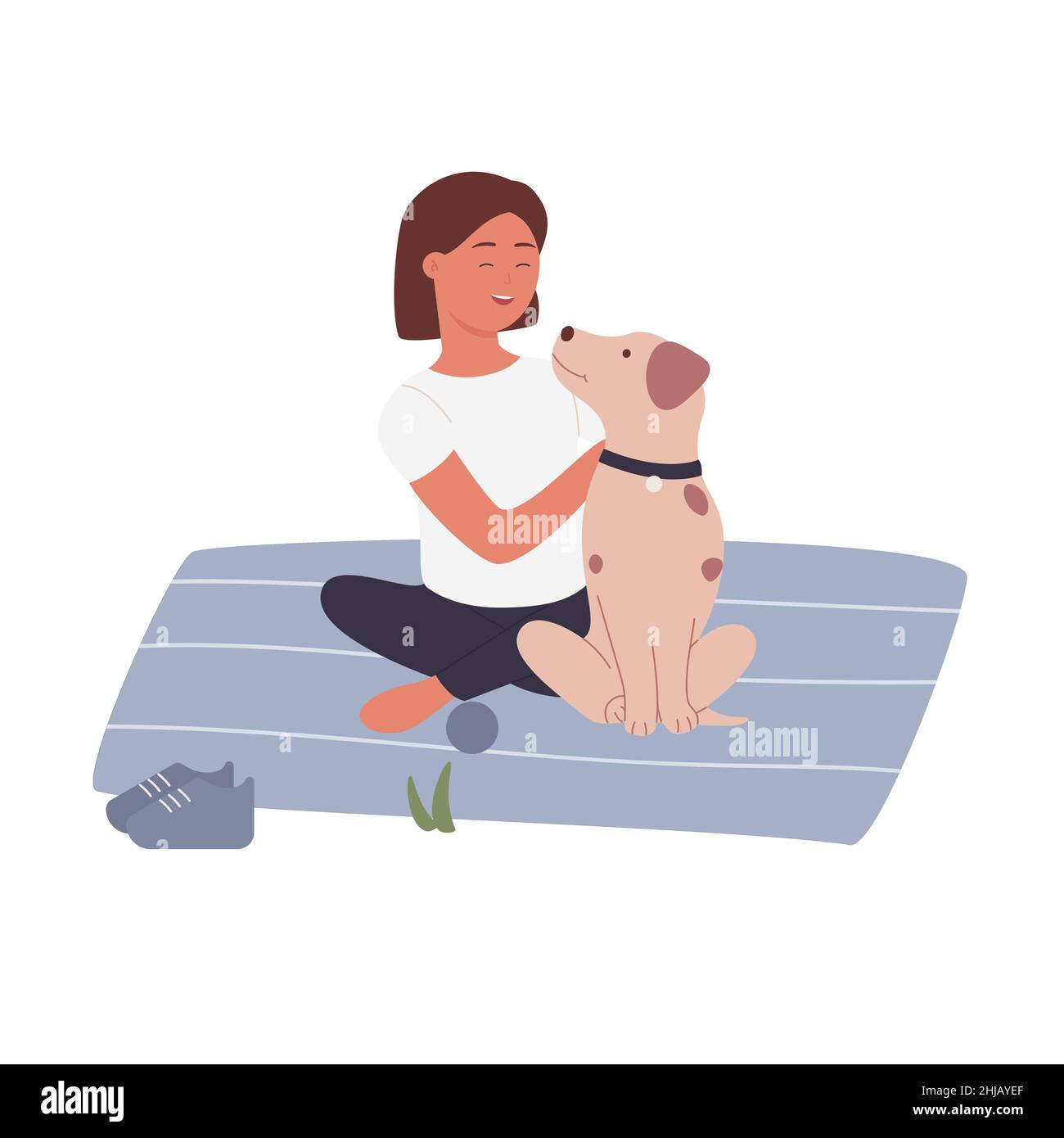 Happy excited girl playing with her puppy dog. Devotedly domestic family animal friend cartoon vector illustration Stock Vector