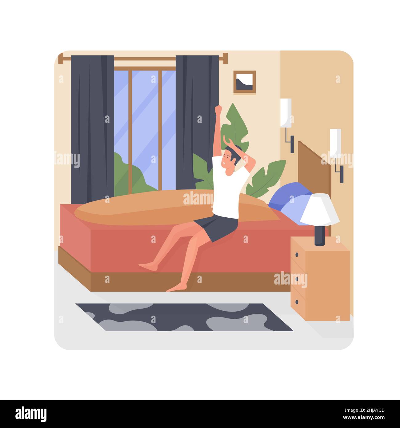Sleepy boy getting up in his cozy bedroom. Morning waking up routine and day beginning cartoon vector illustration Stock Vector