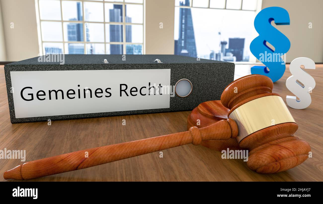 Gemeines Recht - german word for common right - Text on file folder with court hammer and paragraph symbols on a desk - 3D render illustration. Stock Photo