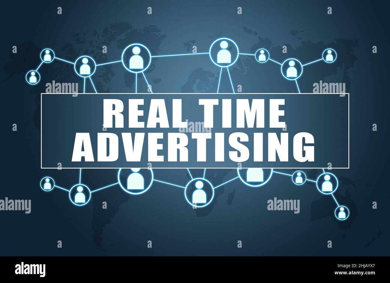 Real Time Advertising - text concept on blue background with world map and social icons. Stock Photo