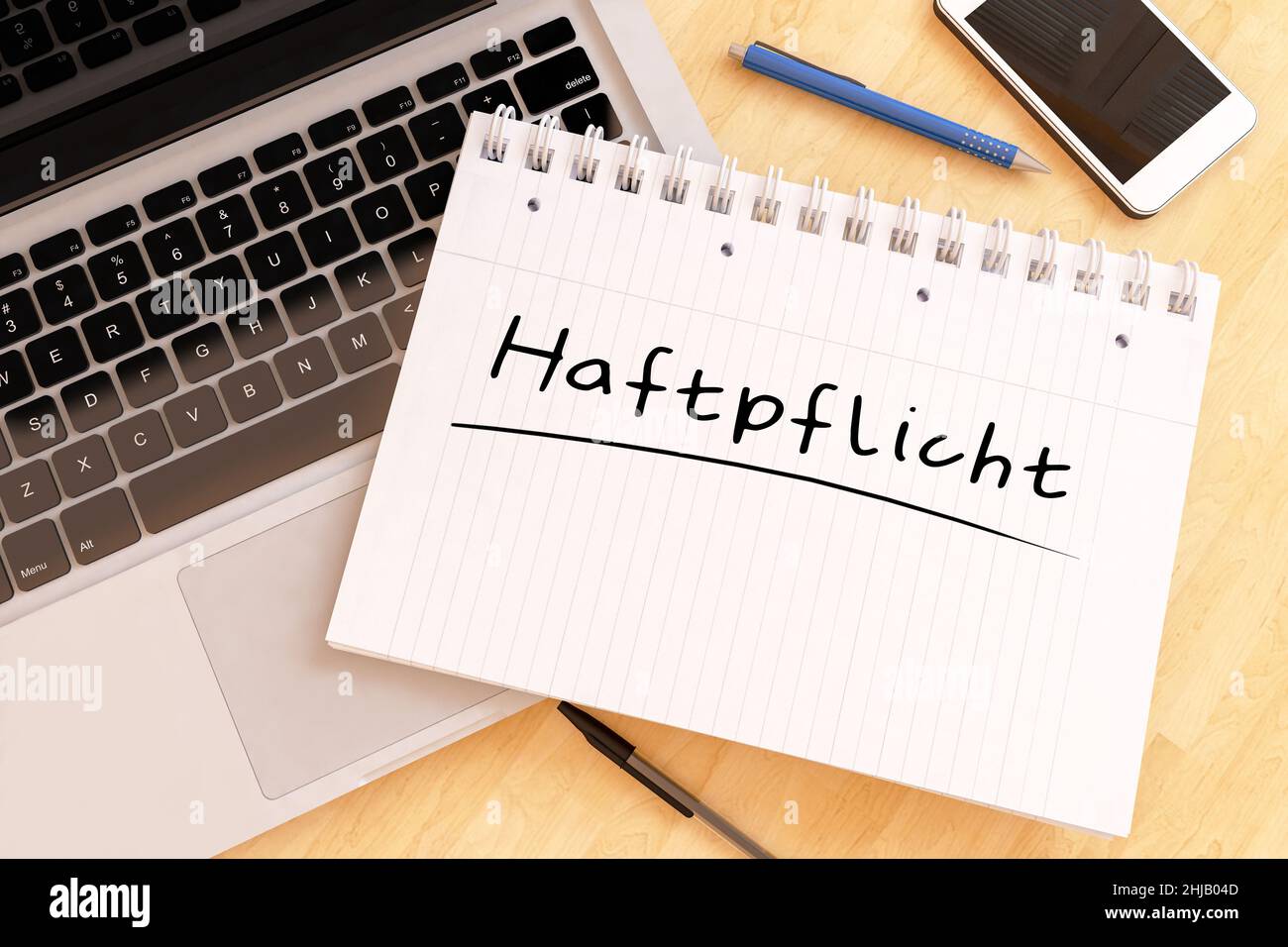 Haftpflicht - german word for civil liability - handwritten text in a notebook on a desk - 3d render illustration. Stock Photo