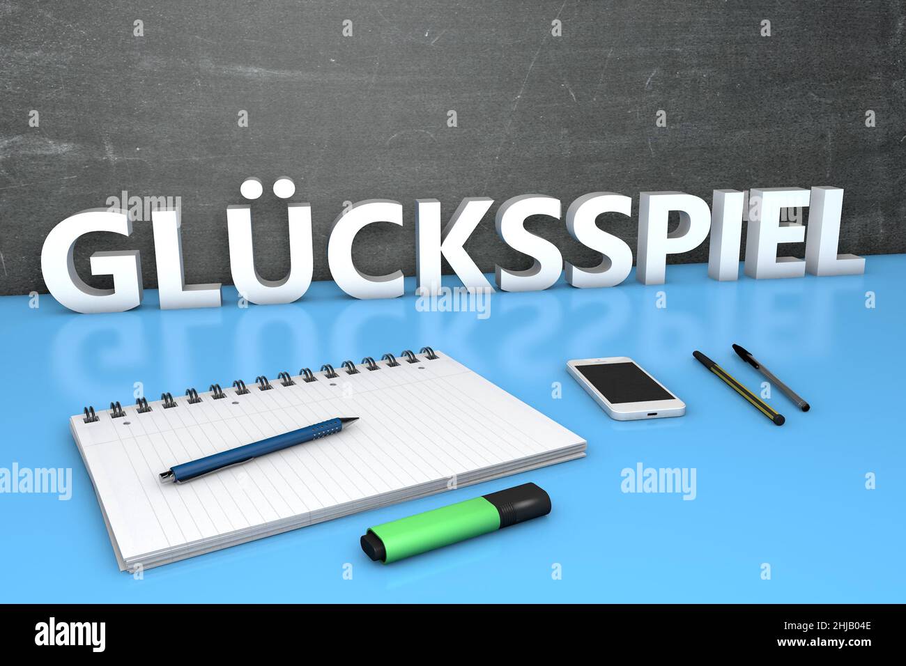 Gluecksspiel - german word for gambling or game of chance - text concept with chalkboard, notebook, pens and mobile phone. 3D render illustration. Stock Photo