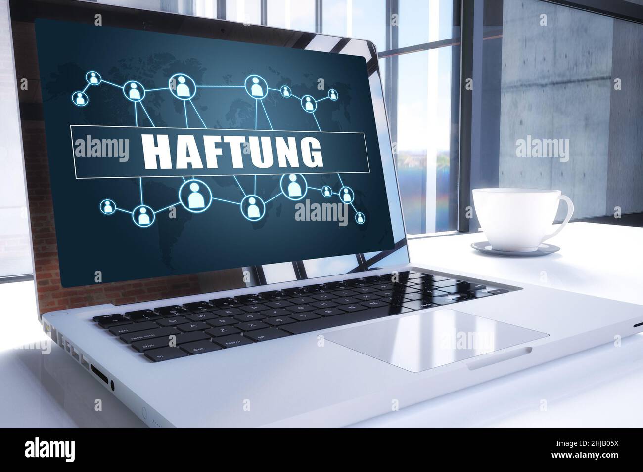 Haftung - german word for liability. Text on modern laptop screen in office environment. 3D render illustration business text concept. Stock Photo