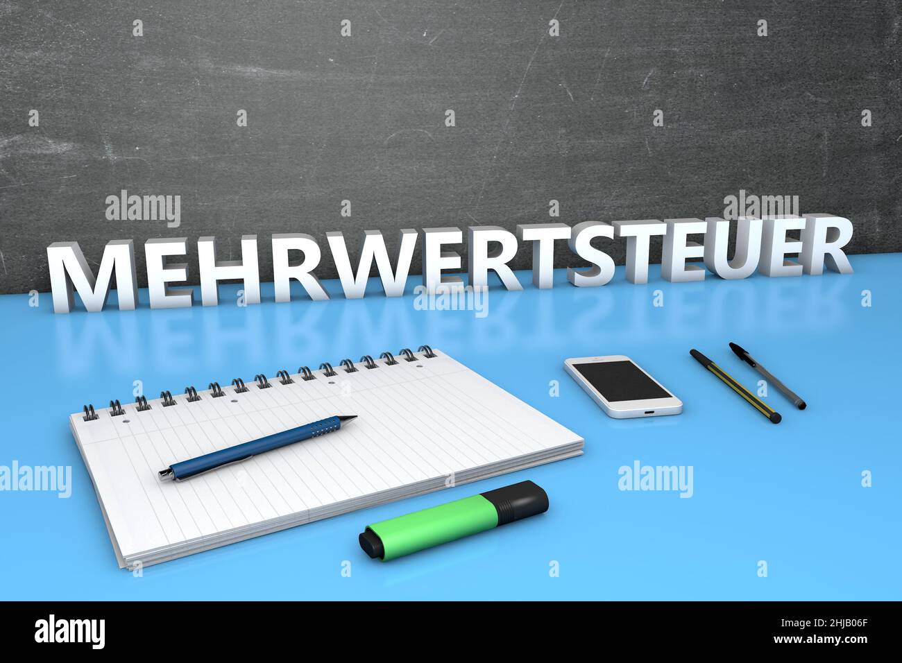 Mehrwertsteuer - german word for value added tax VAT - text concept with chalkboard, notebook, pens and mobile phone. 3D render illustration. Stock Photo
