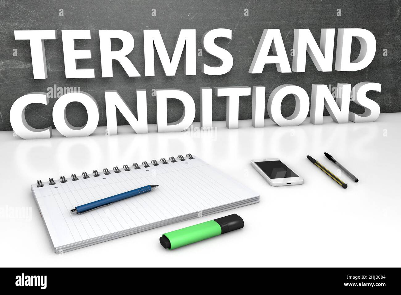 Terms and Conditions - text concept with chalkboard, notebook, pens and ...