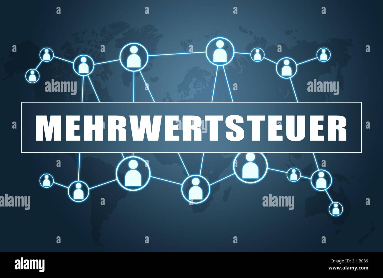 Mehrwertsteuer - german word for value added tax VAT - text concept on blue background with world map and social icons. Stock Photo