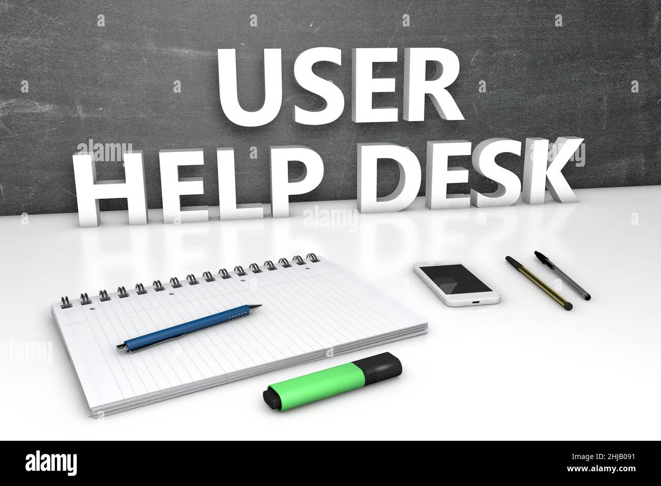 Text Help Desk Sign In User Help Desk - text concept with chalkboard, notebook, pens and ...