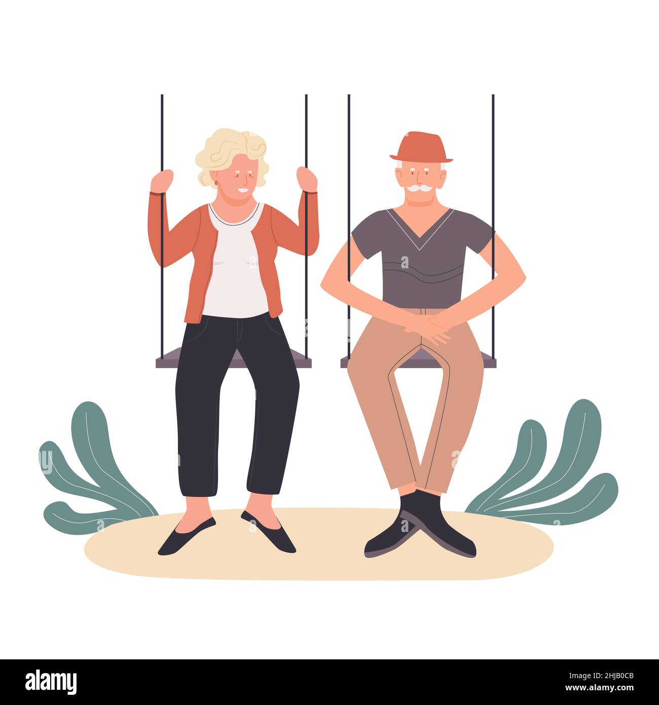 Elderly happy couple staying in playground swing. Amusement and relaxing relationship time cartoon vector illustration Stock Vector