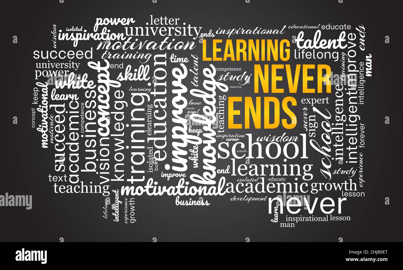 Learning never ends word cloud template. Creative concept vector background. Stock Vector