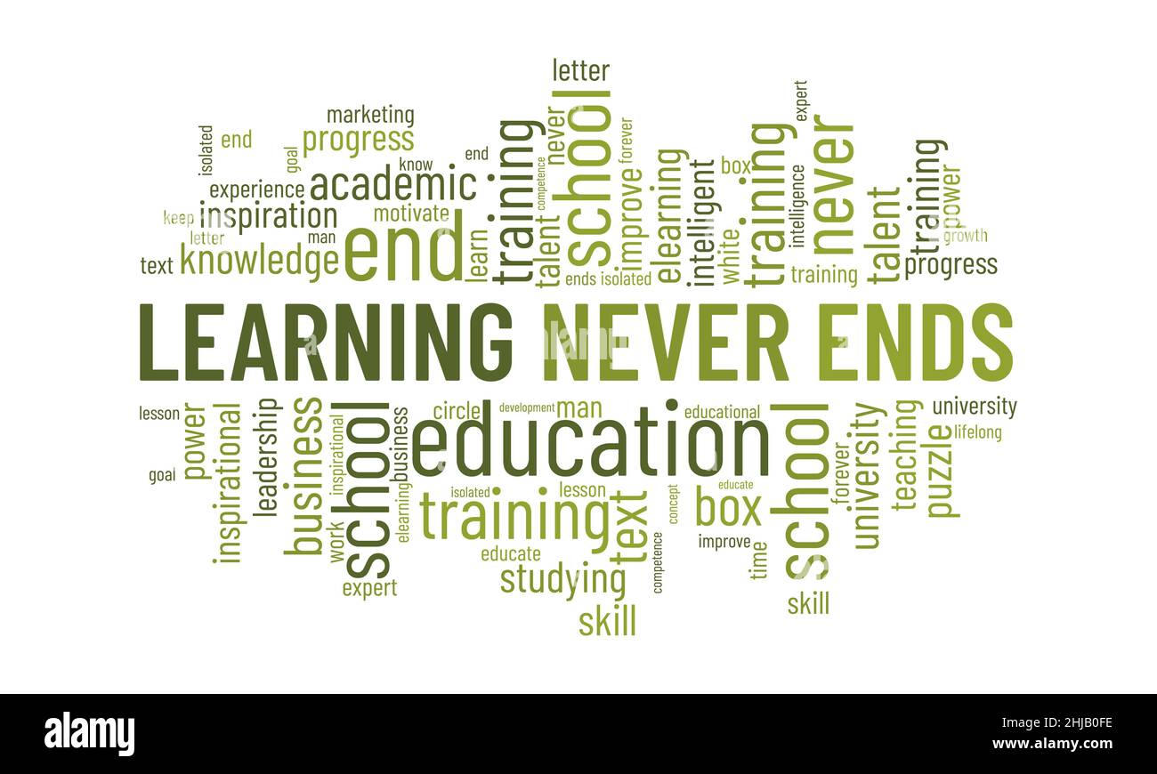 Learning never ends word cloud template. Creative concept vector background. Stock Vector