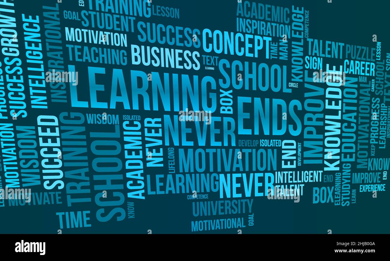 Learning never ends word cloud template. Creative concept vector background. Stock Vector