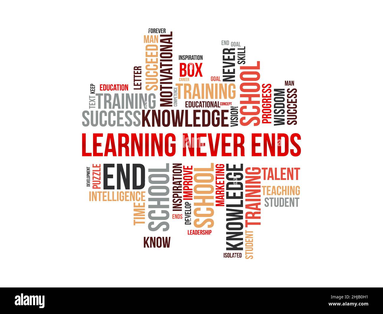 Learning never ends word cloud template. Creative concept vector background. Stock Vector