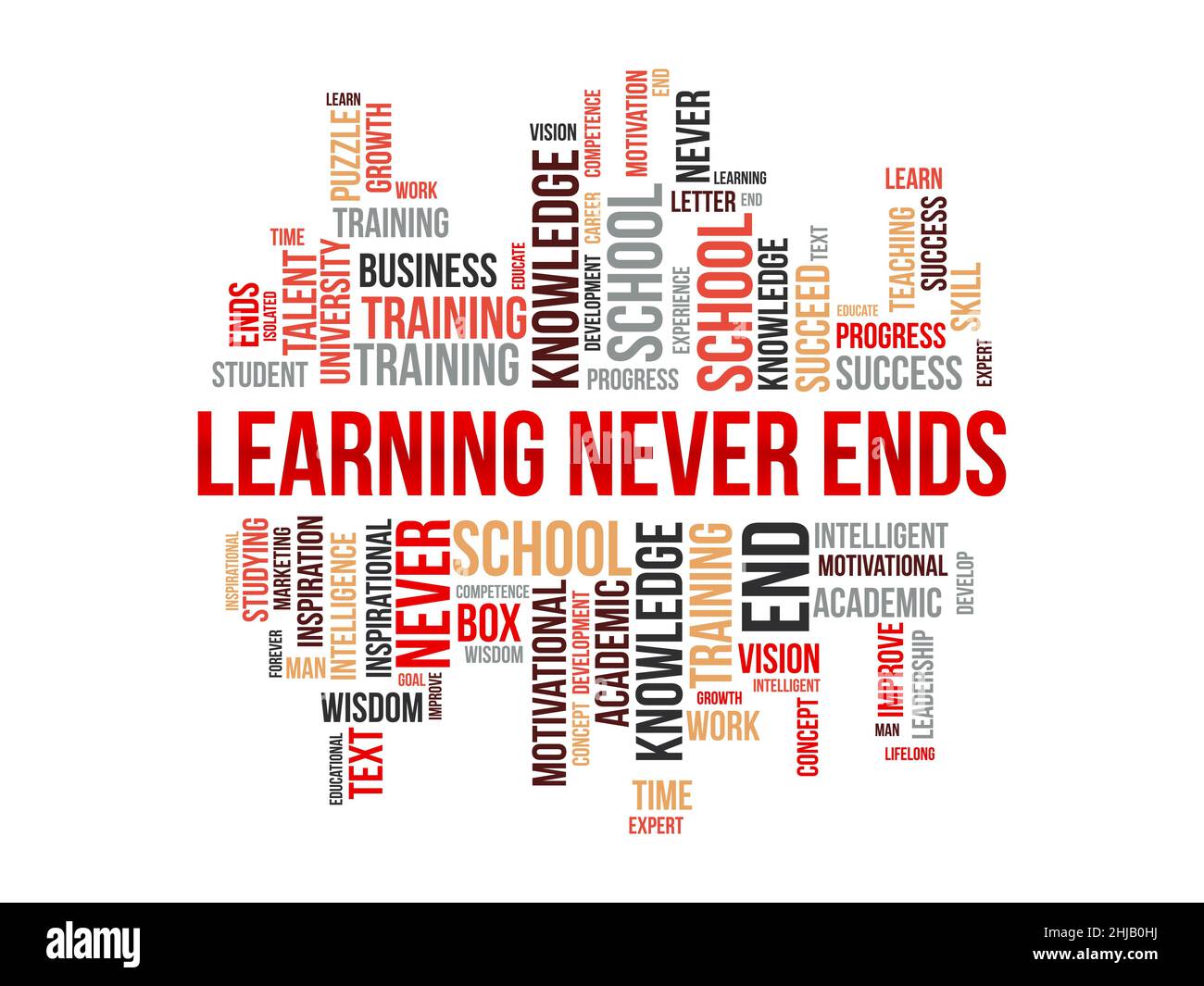 Learning never ends word cloud template. Creative concept vector background. Stock Vector