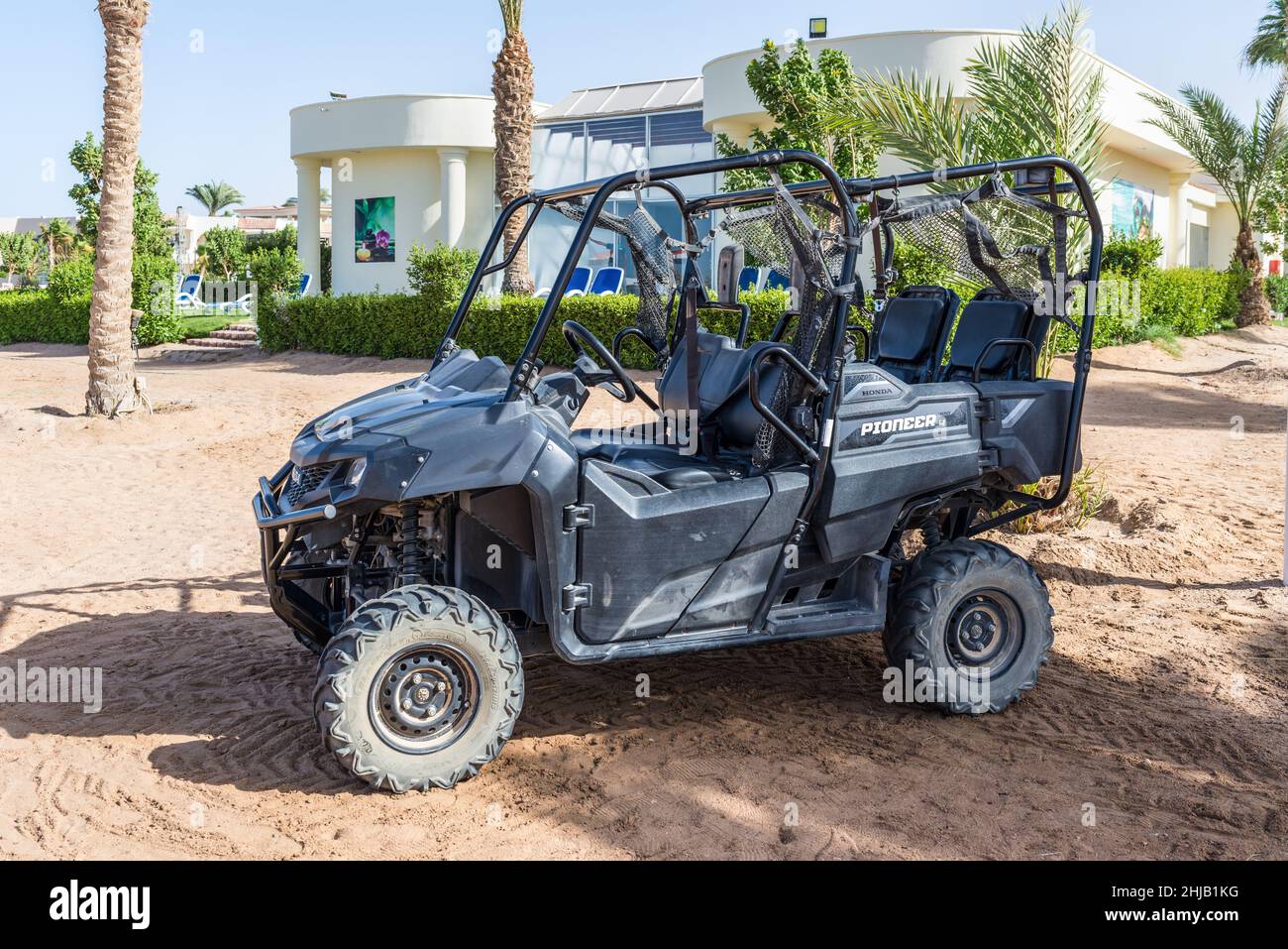 Hurghada, Egypt - June 03, 2021: The ultimate do-it-all vehicle Honda Pioneer 700-4 at the Labranda Club Hotel in Makadi Bay, Red Sea Riviera. Active Stock Photo