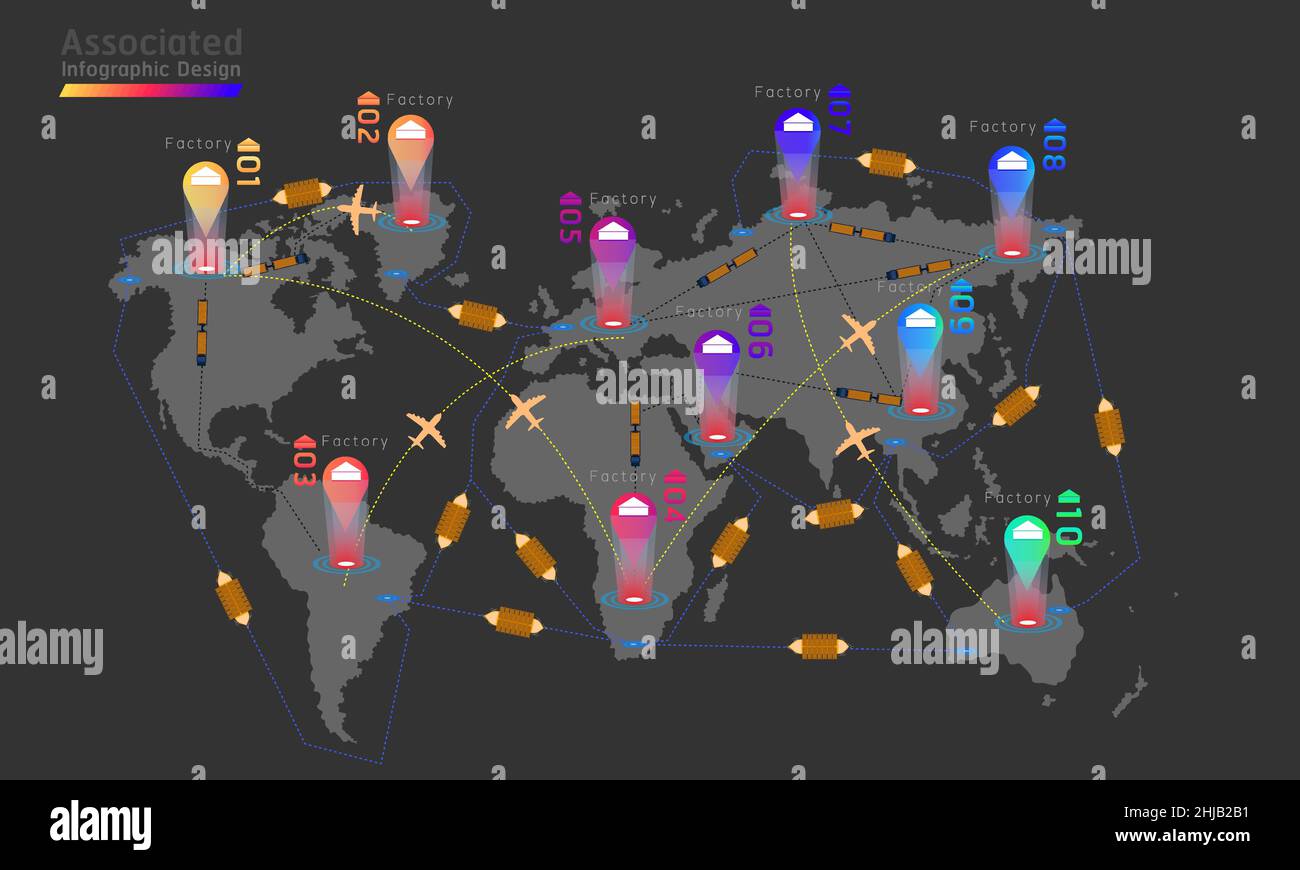 10 associated company factory world map mark point infographic design ...