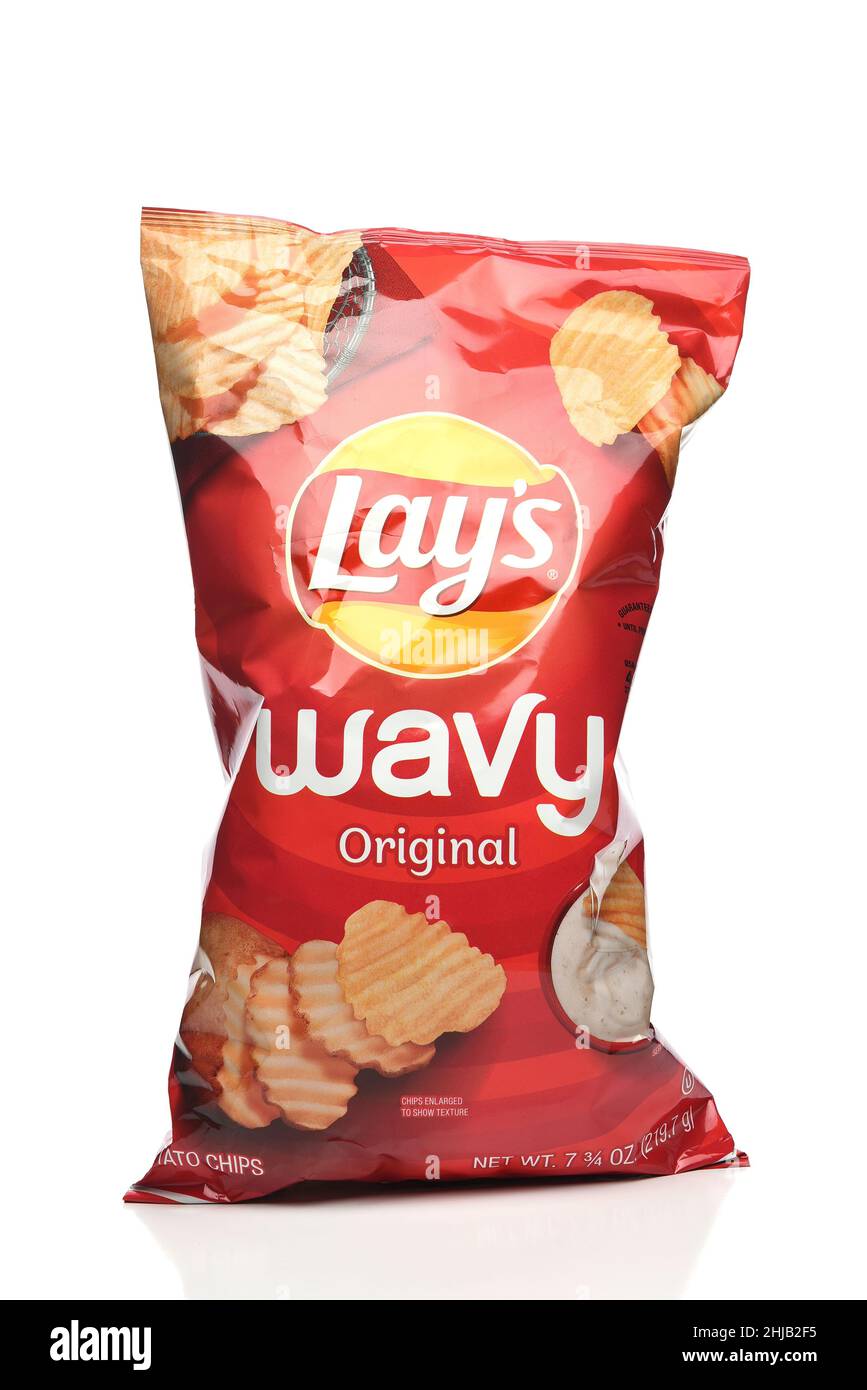 IRVINE, CALIFORNIA - 27 JAN 2022: A bag of Lays Wavy Original Potato Chips. Stock Photo
