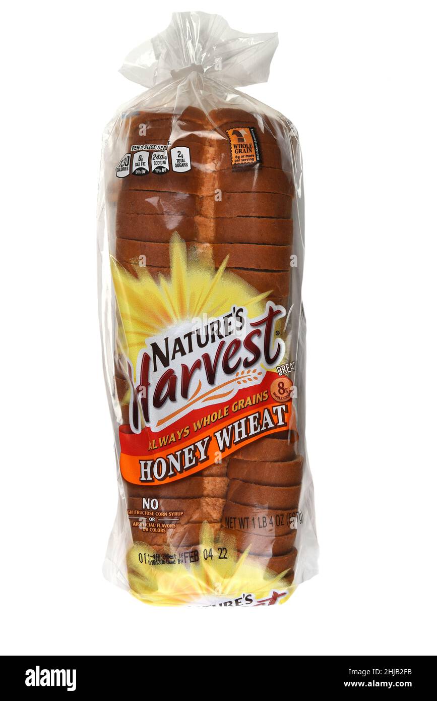 IRVINE, CALIFORNIA - 27 JAN 2022: A loaf of Natures Harvest Honey Wheat Bread. Stock Photo