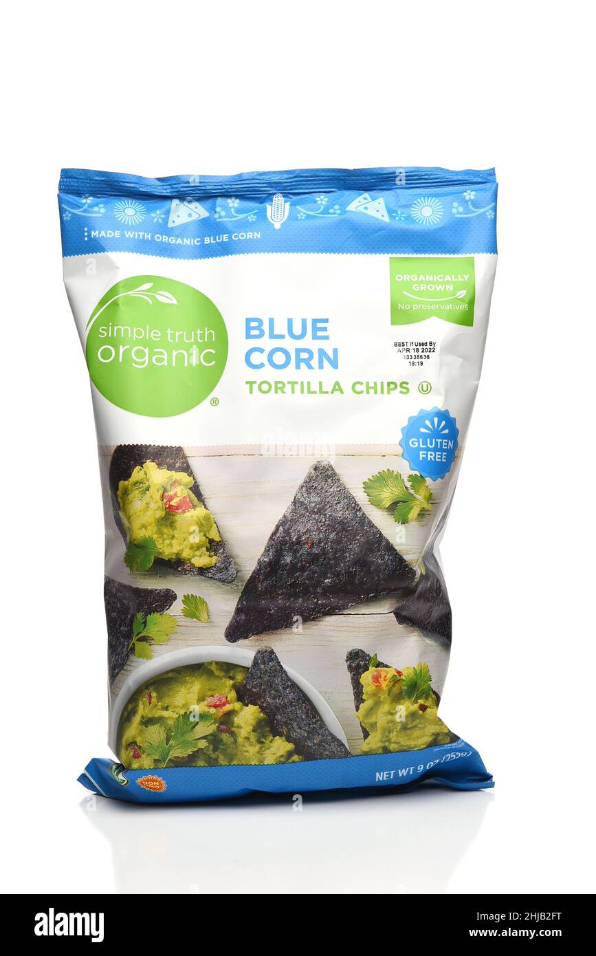 IRVINE, CALIFORNIA - 27 JAN 2022: A bag of Simple Truth Blue Corn Tortilla Chips. Stock Photo